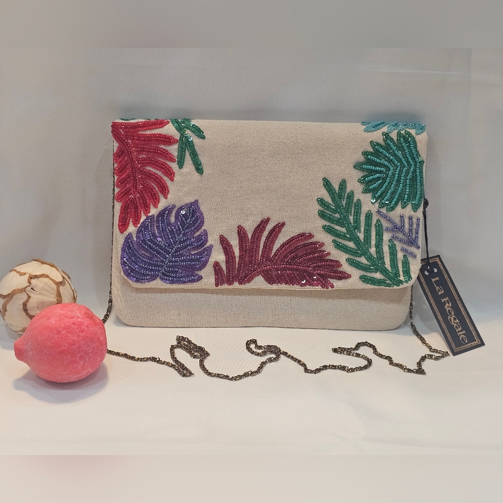 La Regale Beige Clutch with Vibrant Leaf Design